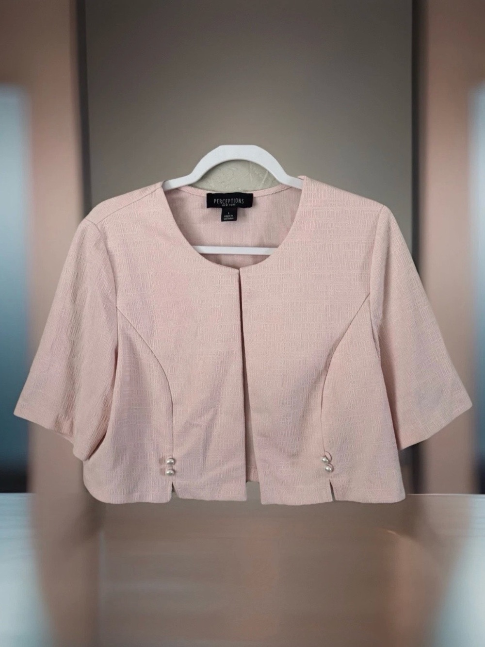 Perceptions Pastel Pink Cropped Blazer with Pearl Accent